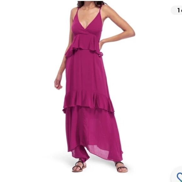 BOBEAU Ruffle Tier Woven Maxi Dress Raspberry Size XS NWOT - Picture 1 of 8